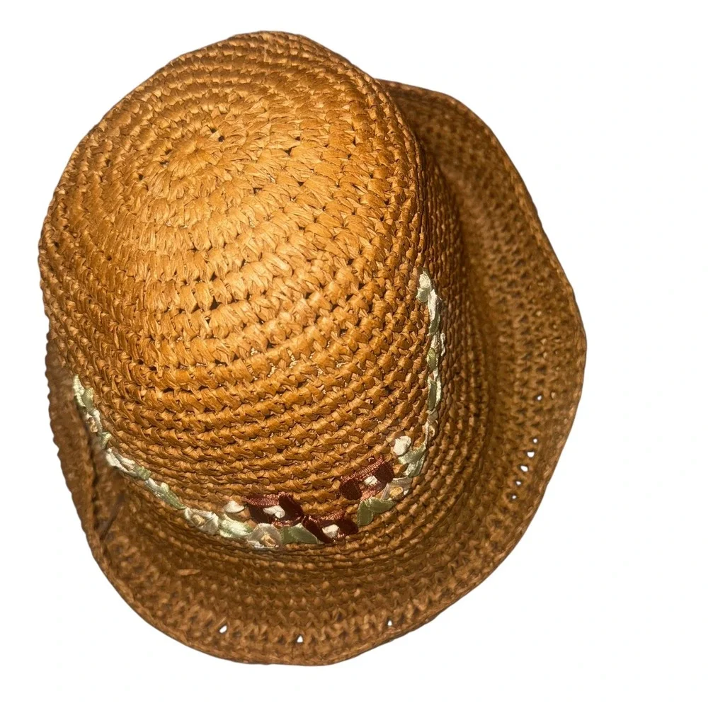 Woven Straw Bucket Hat Floral Embellishment Flowers Summer Beach Vacation Women